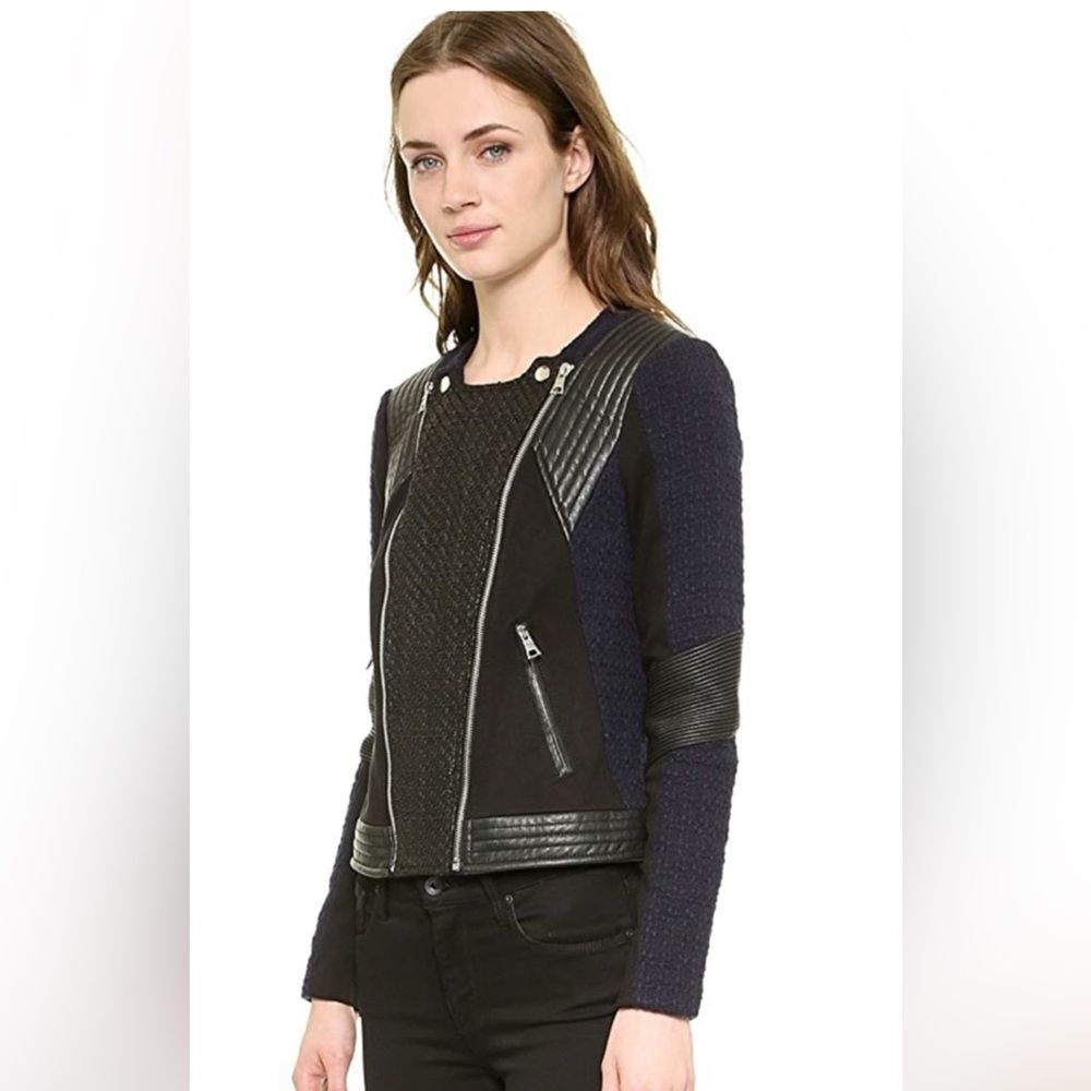 Rebecca Taylor black and blue tweed and faux leather moto biker jacket 6 - Picture 2 of 12